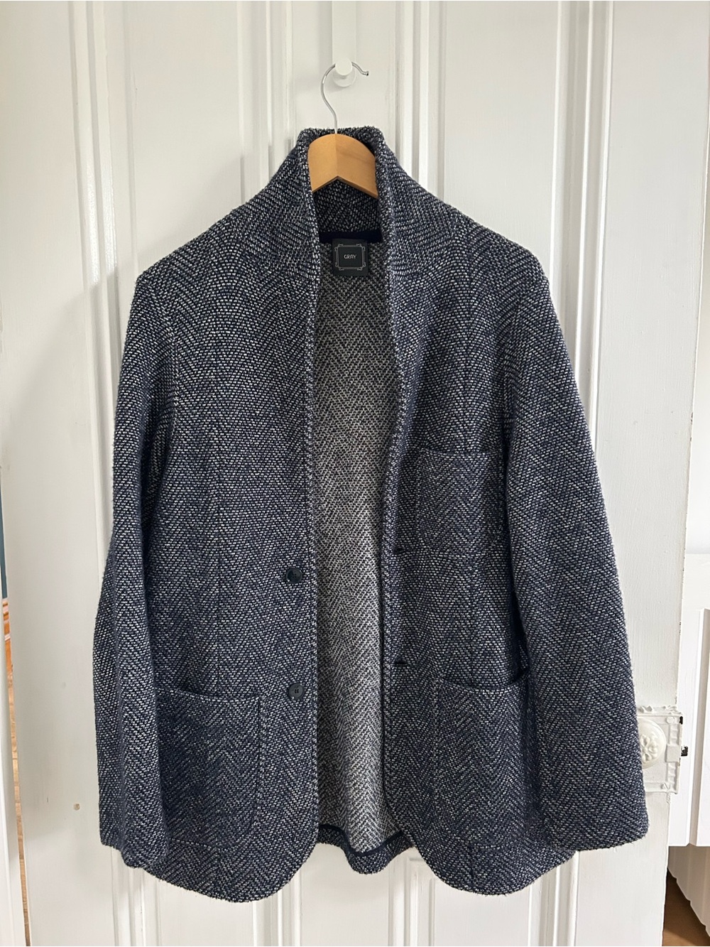 SAND Mens Shawl Collar Herringbone Jacket - Gray & Blue Black